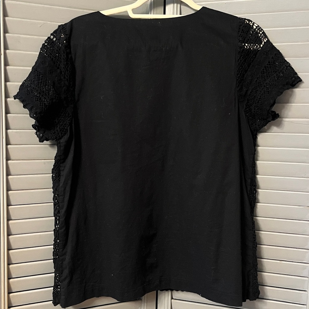 J. Crew Black Cotton Lace Blouse, Round Neck, Short Sleeves, Lined, Size 10 - Picture 4 of 11